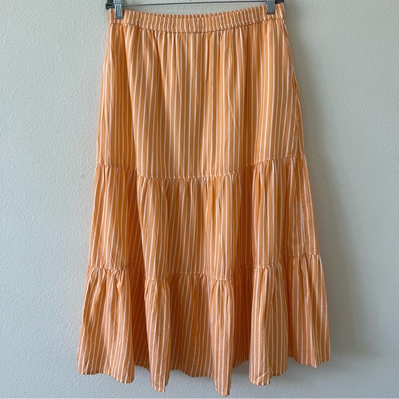 Pact Sunset Light Gauze Pull-On Citrus Stripe Tiered Midi Skirt SZ Large - Picture 11 of 15